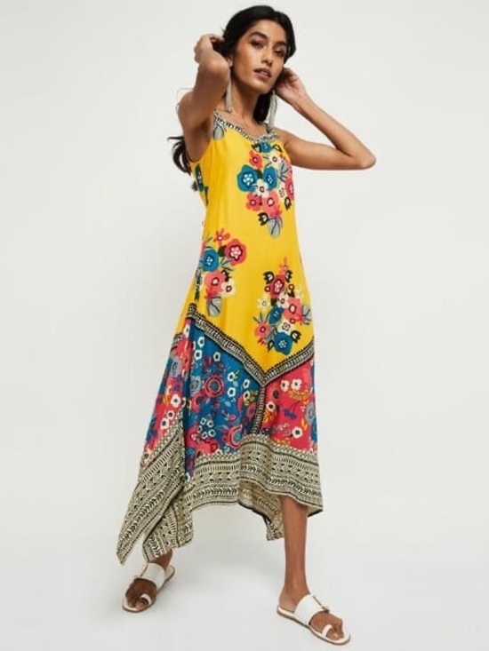 Max India Dresses & Skirts - Boho Yellow Floral Asymmetrical Maxi Dress